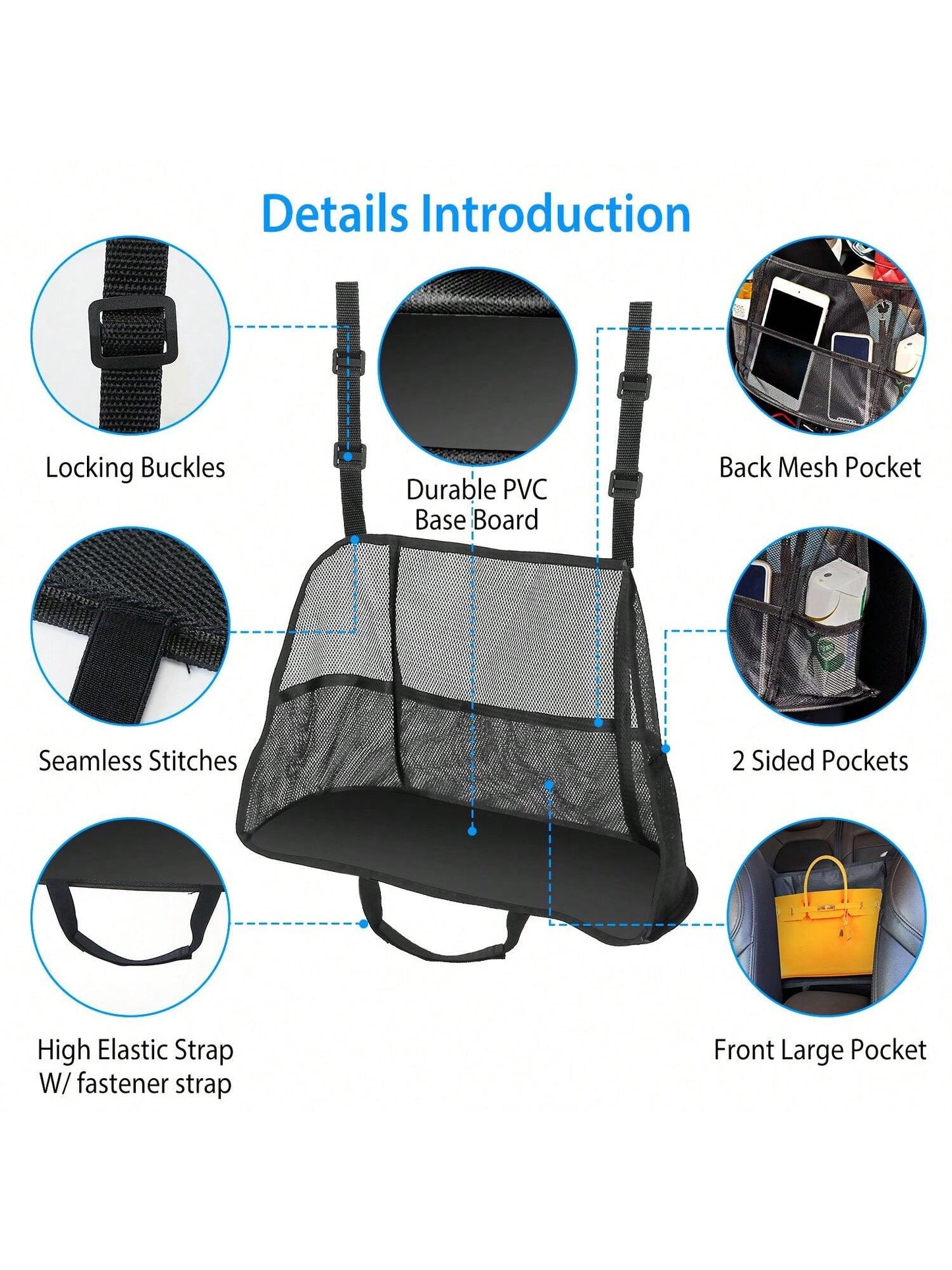 1Pc Car Net Pocket Handbag Holder Car Storage Netting Pouch Seat Side Storage Mesh Organizers Bag For Purse Phone Documents Barrier Pets Kids At Backseat