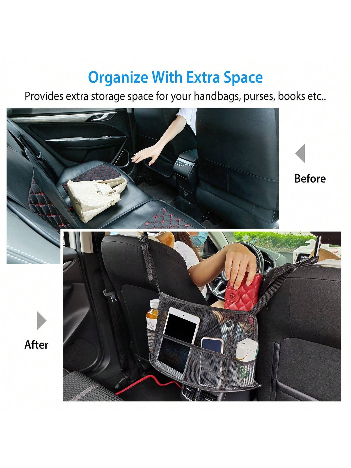 1Pc Car Net Pocket Handbag Holder Car Storage Netting Pouch Seat Side Storage Mesh Organizers Bag For Purse Phone Documents Barrier Pets Kids At Backseat