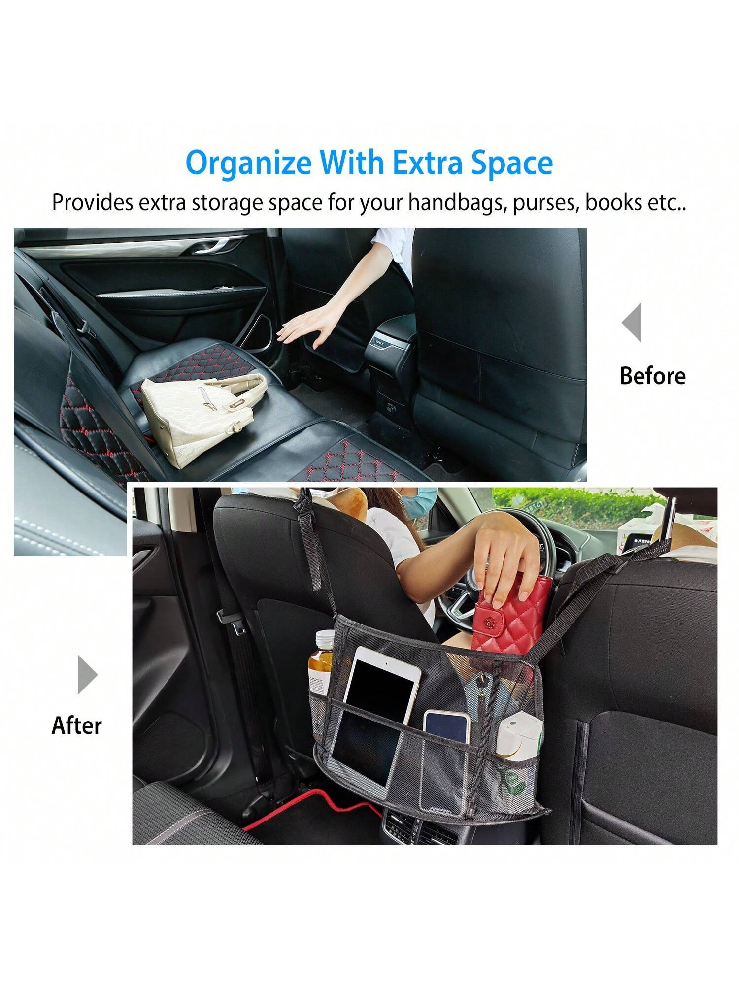 1Pc Car Net Pocket Handbag Holder Car Storage Netting Pouch Seat Side Storage Mesh Organizers Bag For Purse Phone Documents Barrier Pets Kids At Backseat