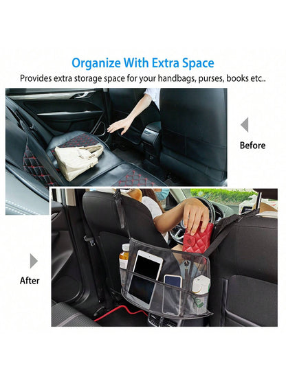 1Pc Car Net Pocket Handbag Holder Car Storage Netting Pouch Seat Side Storage Mesh Organizers Bag For Purse Phone Documents Barrier Pets Kids At Backseat