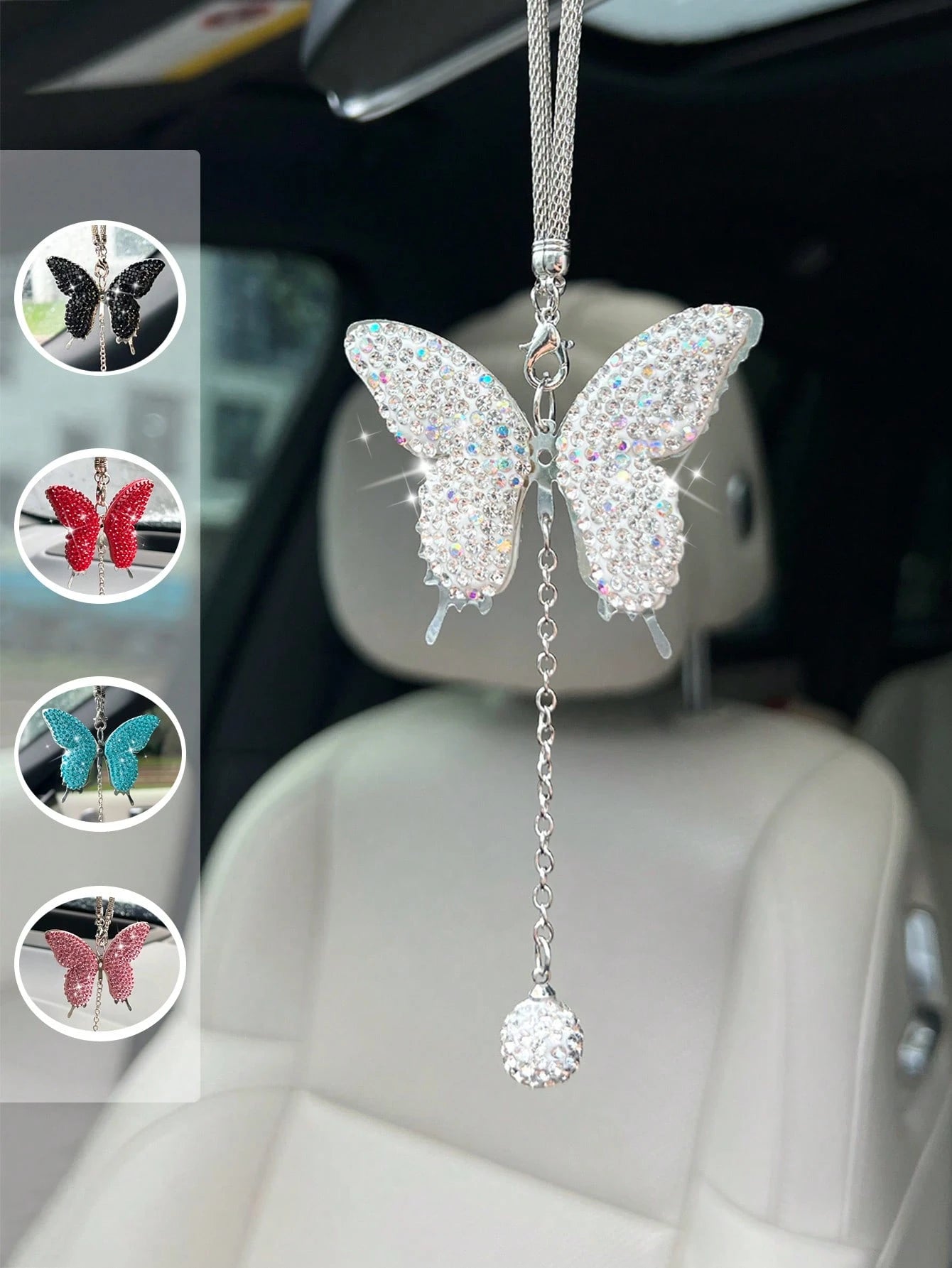 1pc Car Rearview Mirror Full Diamond Butterfly Pendant Car Pendant Interior Decoration Pendant