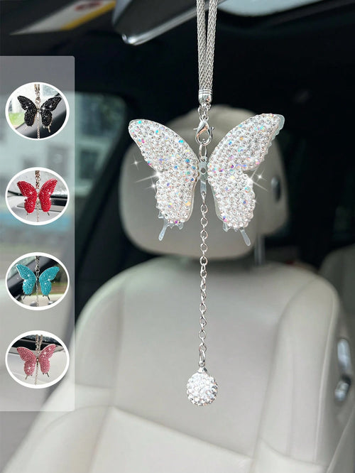 1pc Car Rearview Mirror Full Diamond Butterfly Pendant Car Pendant Interior Decoration Pendant