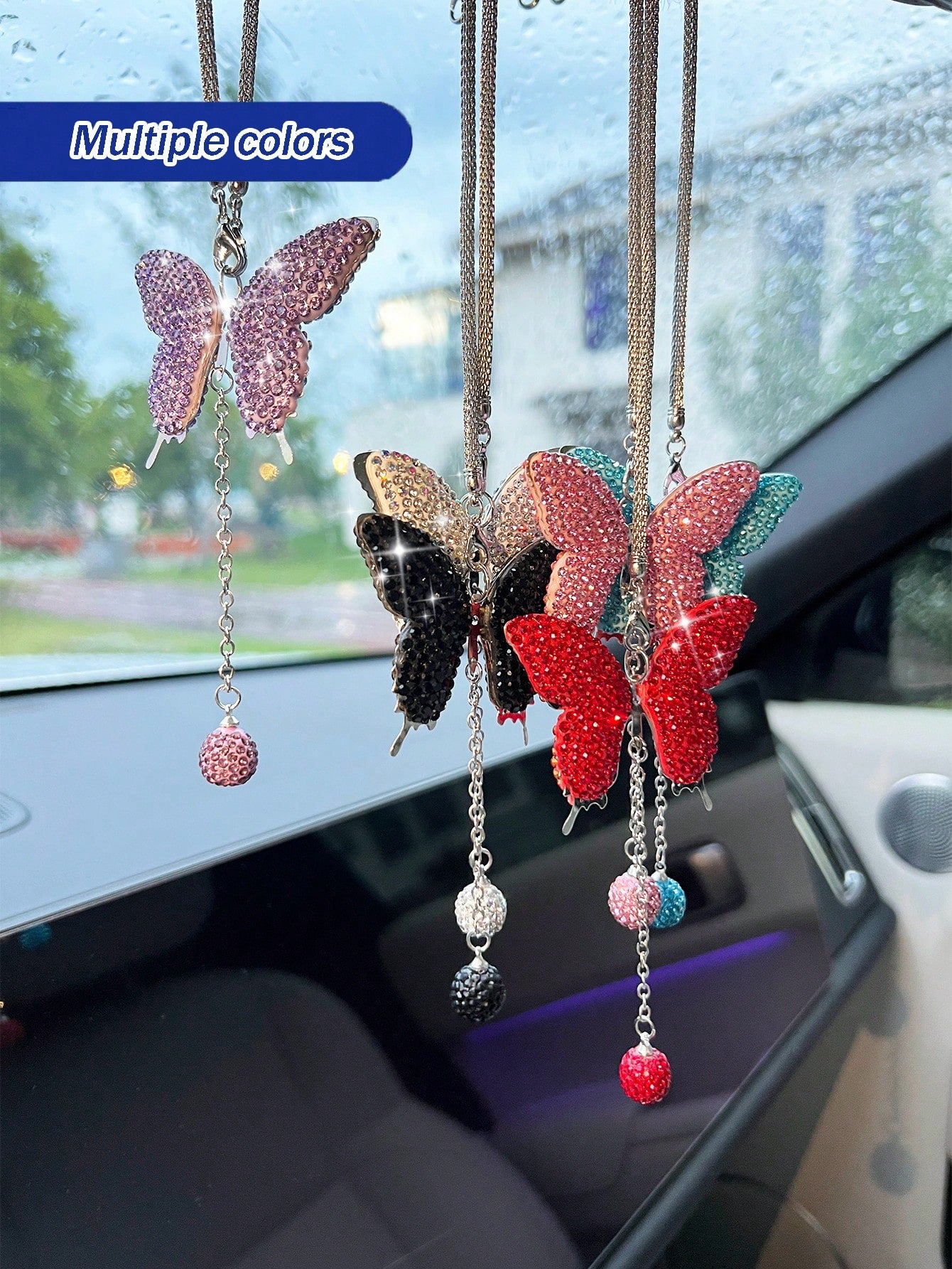 1pc Car Rearview Mirror Full Diamond Butterfly Pendant Car Pendant Interior Decoration Pendant