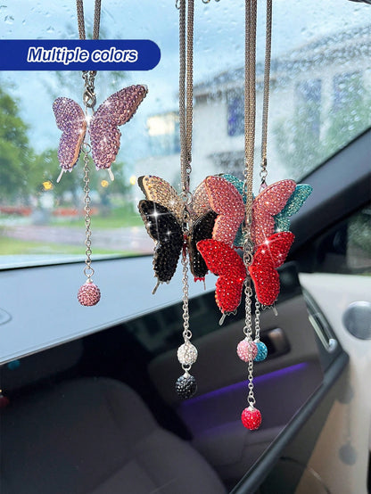1pc Car Rearview Mirror Full Diamond Butterfly Pendant Car Pendant Interior Decoration Pendant