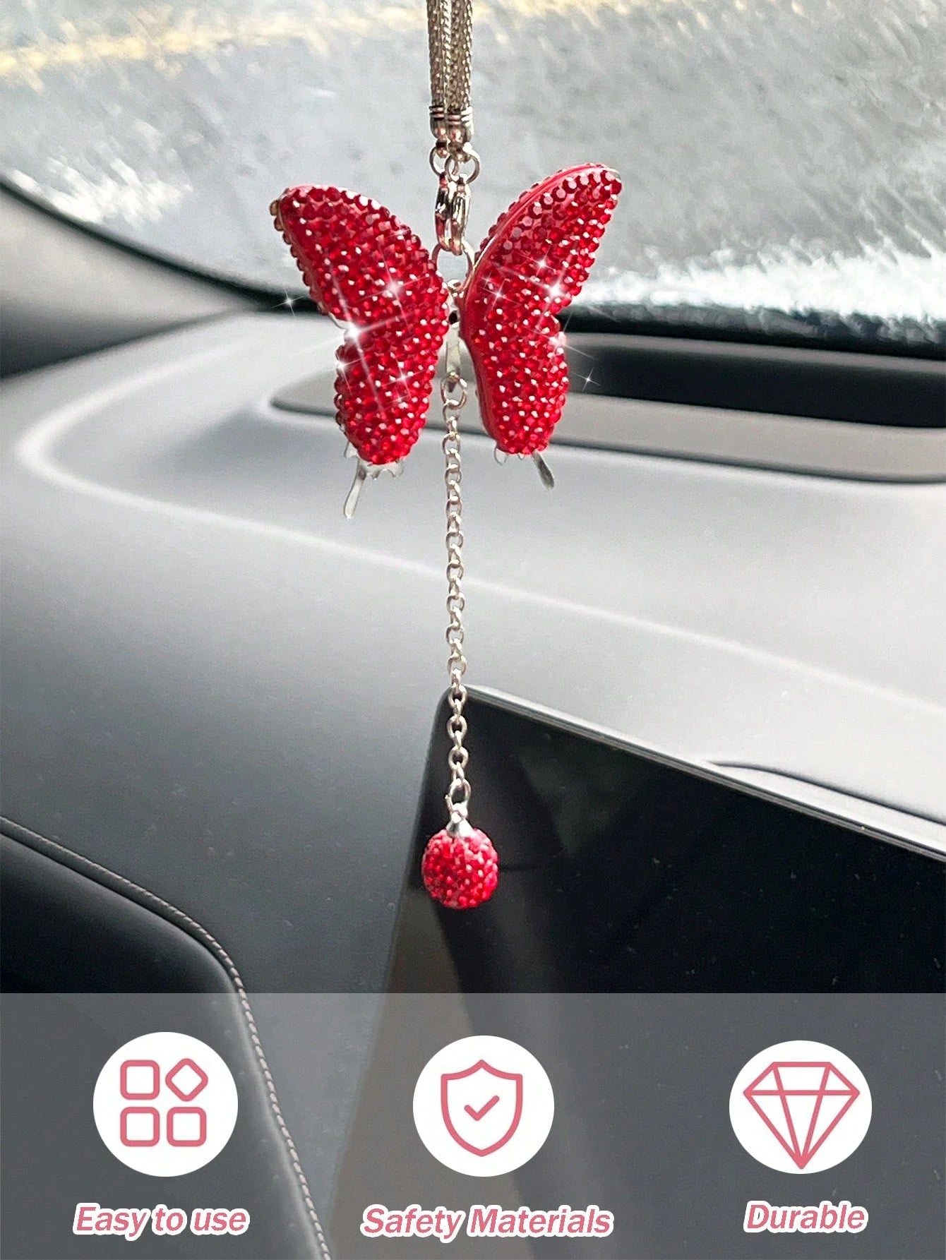 1pc Car Rearview Mirror Full Diamond Butterfly Pendant Car Pendant Interior Decoration Pendant