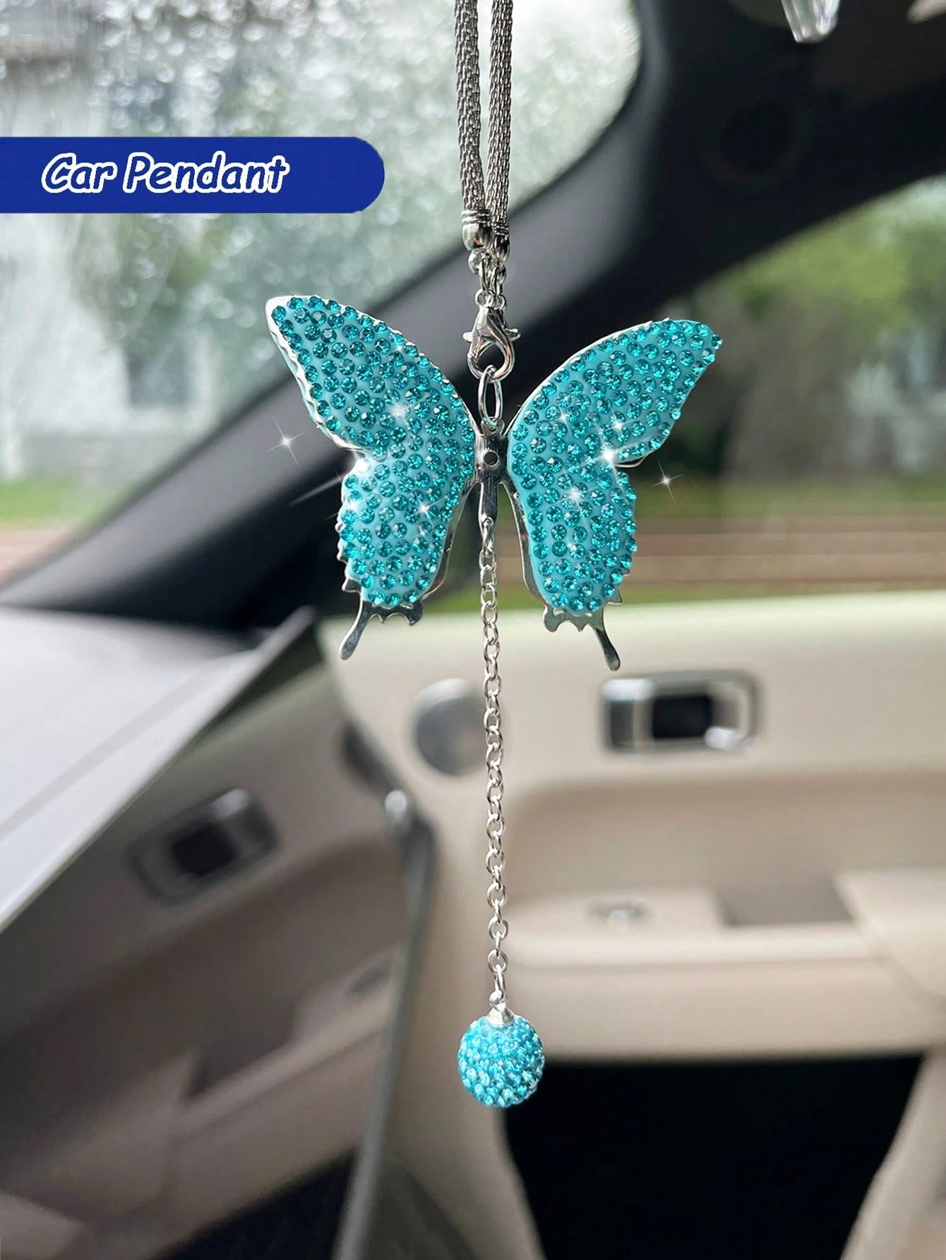 1pc Car Rearview Mirror Full Diamond Butterfly Pendant Car Pendant Interior Decoration Pendant