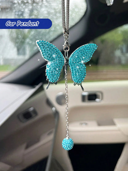 1pc Car Rearview Mirror Full Diamond Butterfly Pendant Car Pendant Interior Decoration Pendant