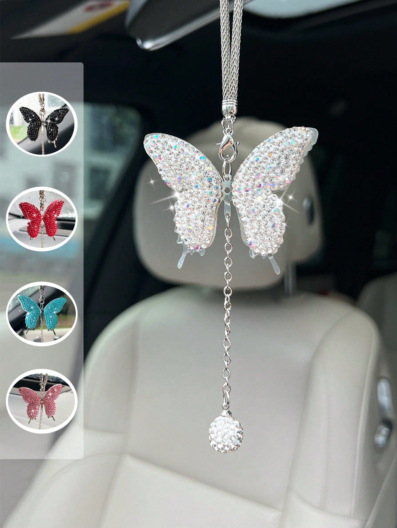 1pc Car Rearview Mirror Full Diamond Butterfly Pendant Car Pendant Interior Decoration Pendant