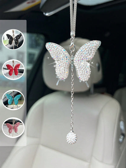 1pc Car Rearview Mirror Full Diamond Butterfly Pendant Car Pendant Interior Decoration Pendant