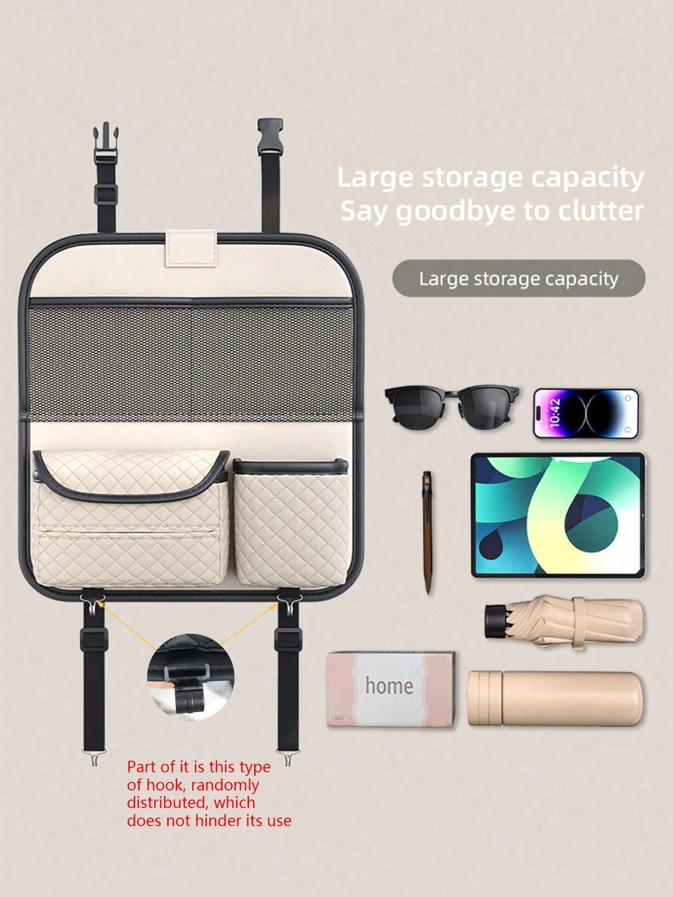 1pc Car Seat Back Storage Bag, Multi-Functional Hanging Organizer Pouch (2 Random Hanging Hooks Included, Instruction Manual Flower Buckle Not Included But Won't Affect Usage)