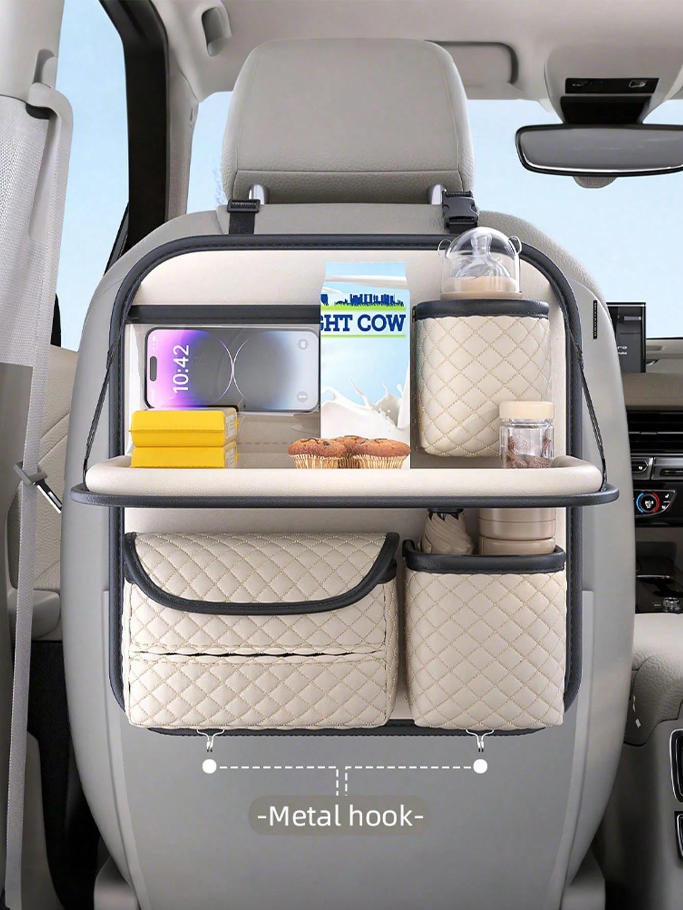 1pc Car Seat Back Storage Bag, Multi-Functional Hanging Organizer Pouch (2 Random Hanging Hooks Included, Instruction Manual Flower Buckle Not Included But Won't Affect Usage)