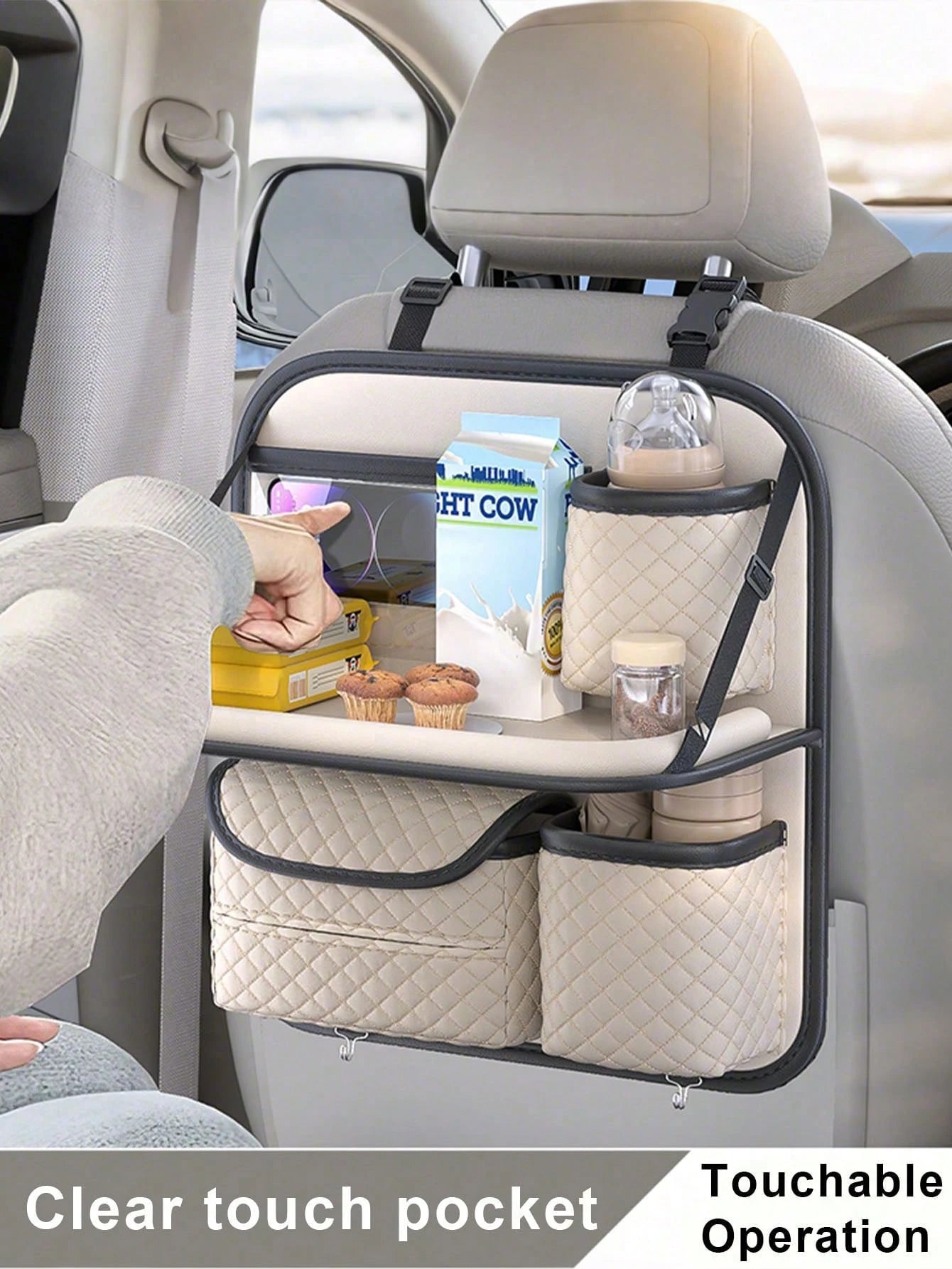 1pc Car Seat Back Storage Bag, Multi-Functional Hanging Organizer Pouch (2 Random Hanging Hooks Included, Instruction Manual Flower Buckle Not Included But Won't Affect Usage)