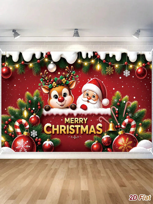 1pc Cartoon Merry Christmas Backdrop, 150*100cm Santa Claus/Reindeer Pattern Hanging Background Cloth, Photo Booth Backdrop, Party Background Banner, Backdrop Decoration, Merry Christmas Decor, Christ