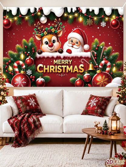 1pc Cartoon Merry Christmas Backdrop, 150*100cm Santa Claus/Reindeer Pattern Hanging Background Cloth, Photo Booth Backdrop, Party Background Banner, Backdrop Decoration, Merry Christmas Decor, Christ