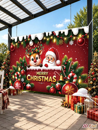1pc Cartoon Merry Christmas Backdrop, 150*100cm Santa Claus/Reindeer Pattern Hanging Background Cloth, Photo Booth Backdrop, Party Background Banner, Backdrop Decoration, Merry Christmas Decor, Christ