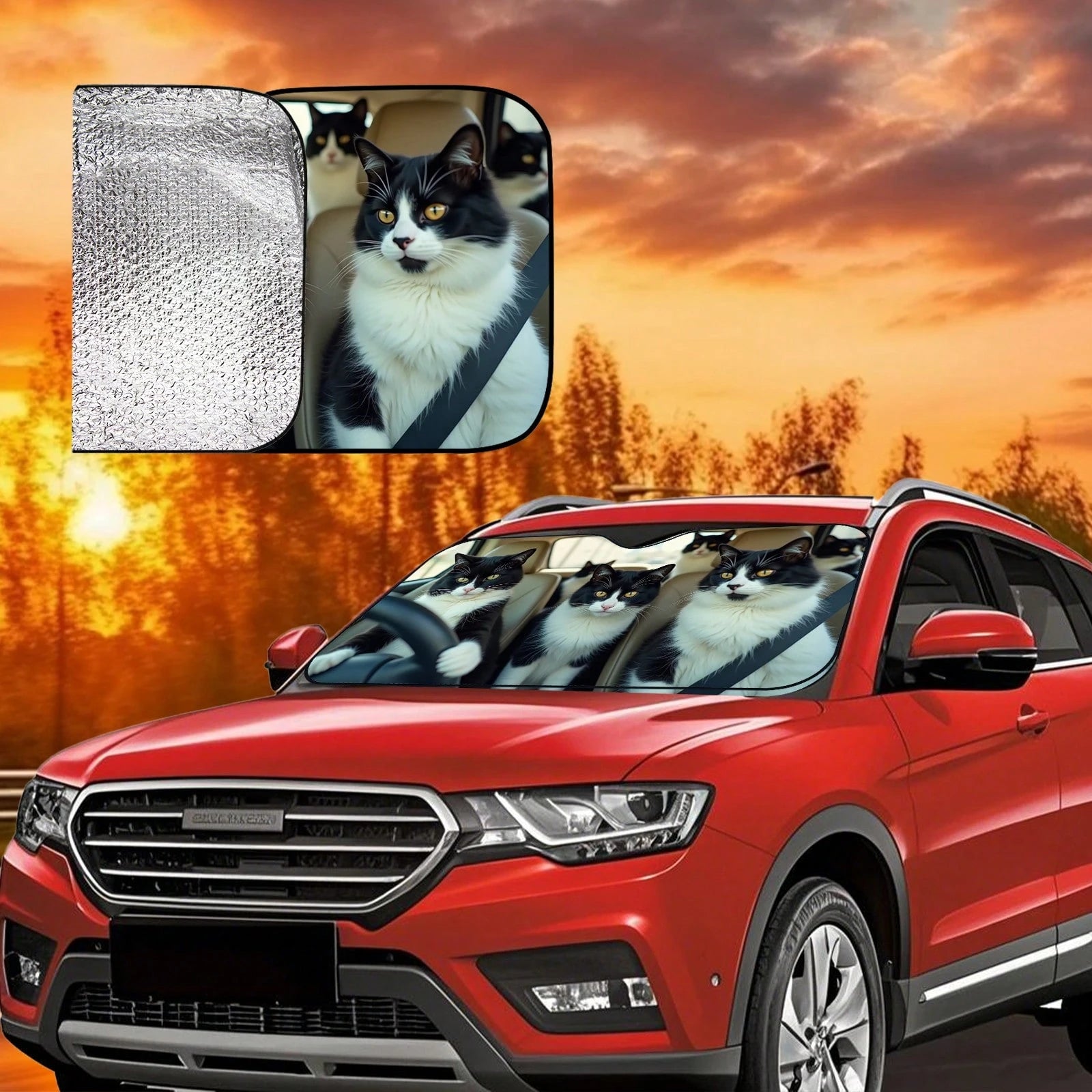 1PC Cat-Shaped Car Windshield Sunshade That Can Be Folded, With Reflective Properties For Heat Insulation And Sun Protection. It Can Keep The Interior Of The Car Cool In Summer.