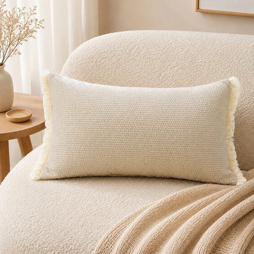 1pc Chenille Tassel Lumbar Pillow Cover, Soft Textured Rectangular Cushion Case 12x20 Inch, Bohemian Farmhouse Style Sofa Bedroom Living Room Decor, Pillow Insert Not Included