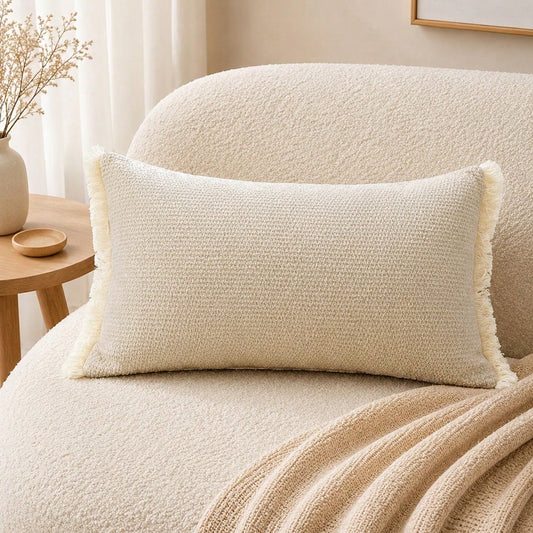 1pc Chenille Tassel Lumbar Pillow Cover, Soft Textured Rectangular Cushion Case 12x20 Inch, Bohemian Farmhouse Style Sofa Bedroom Living Room Decor, Pillow Insert Not Included