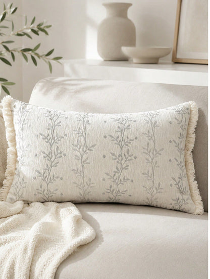 1pc Chenille Tassel Lumbar Pillow Cover, Soft Textured Rectangular Cushion Case 12x20 Inch, Bohemian Farmhouse Style Sofa Bedroom Living Room Decor, Pillow Insert Not Included