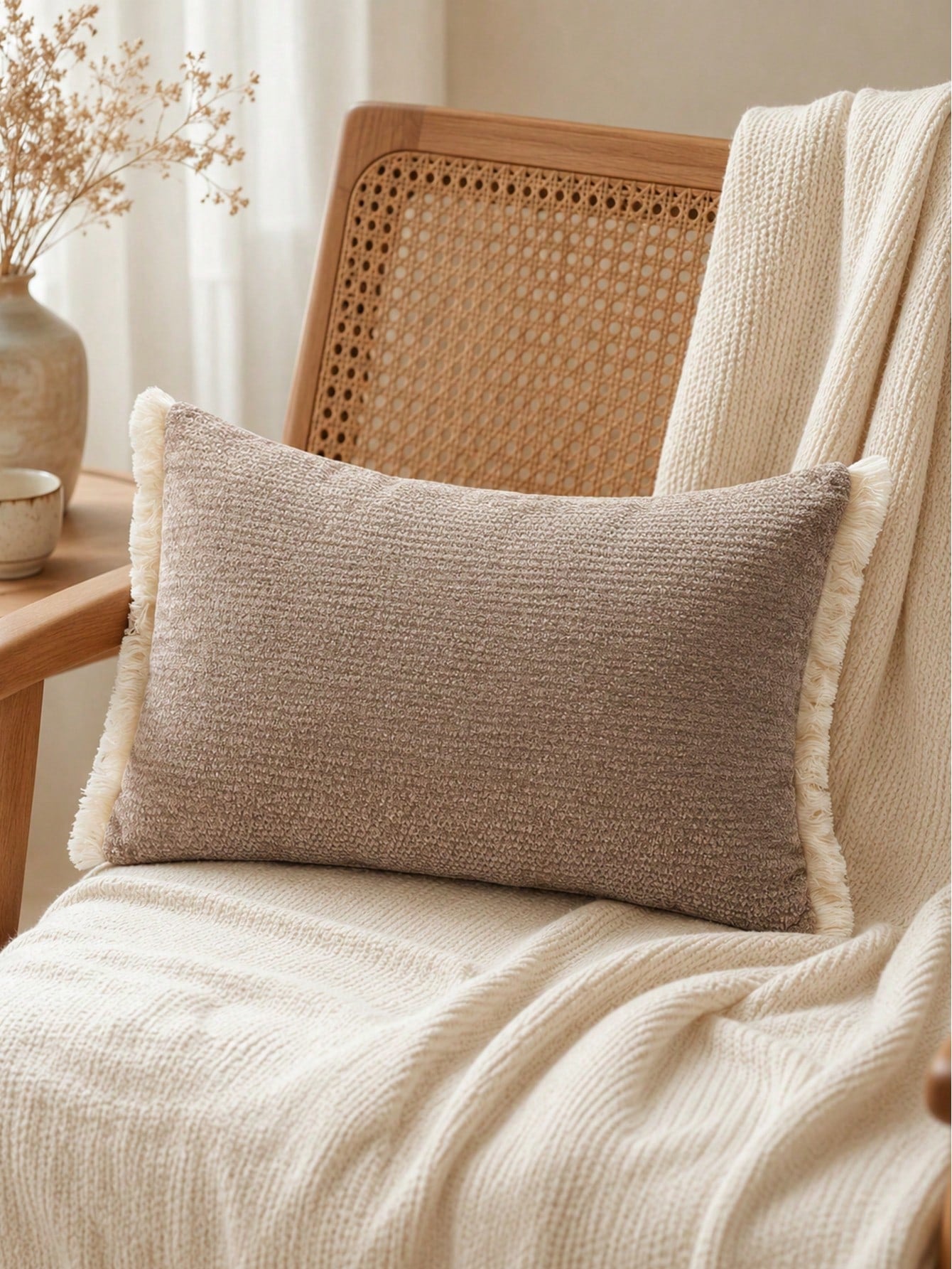 1pc Chenille Tassel Lumbar Pillow Cover, Soft Textured Rectangular Cushion Case 12x20 Inch, Bohemian Farmhouse Style Sofa Bedroom Living Room Decor, Pillow Insert Not Included