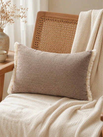 1pc Chenille Tassel Lumbar Pillow Cover, Soft Textured Rectangular Cushion Case 12x20 Inch, Bohemian Farmhouse Style Sofa Bedroom Living Room Decor, Pillow Insert Not Included
