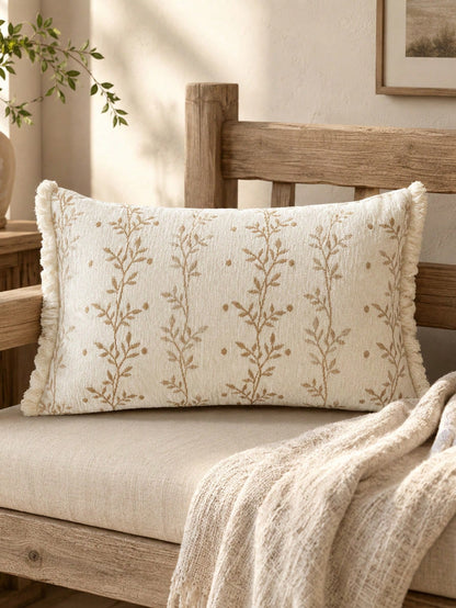1pc Chenille Tassel Lumbar Pillow Cover, Soft Textured Rectangular Cushion Case 12x20 Inch, Bohemian Farmhouse Style Sofa Bedroom Living Room Decor, Pillow Insert Not Included