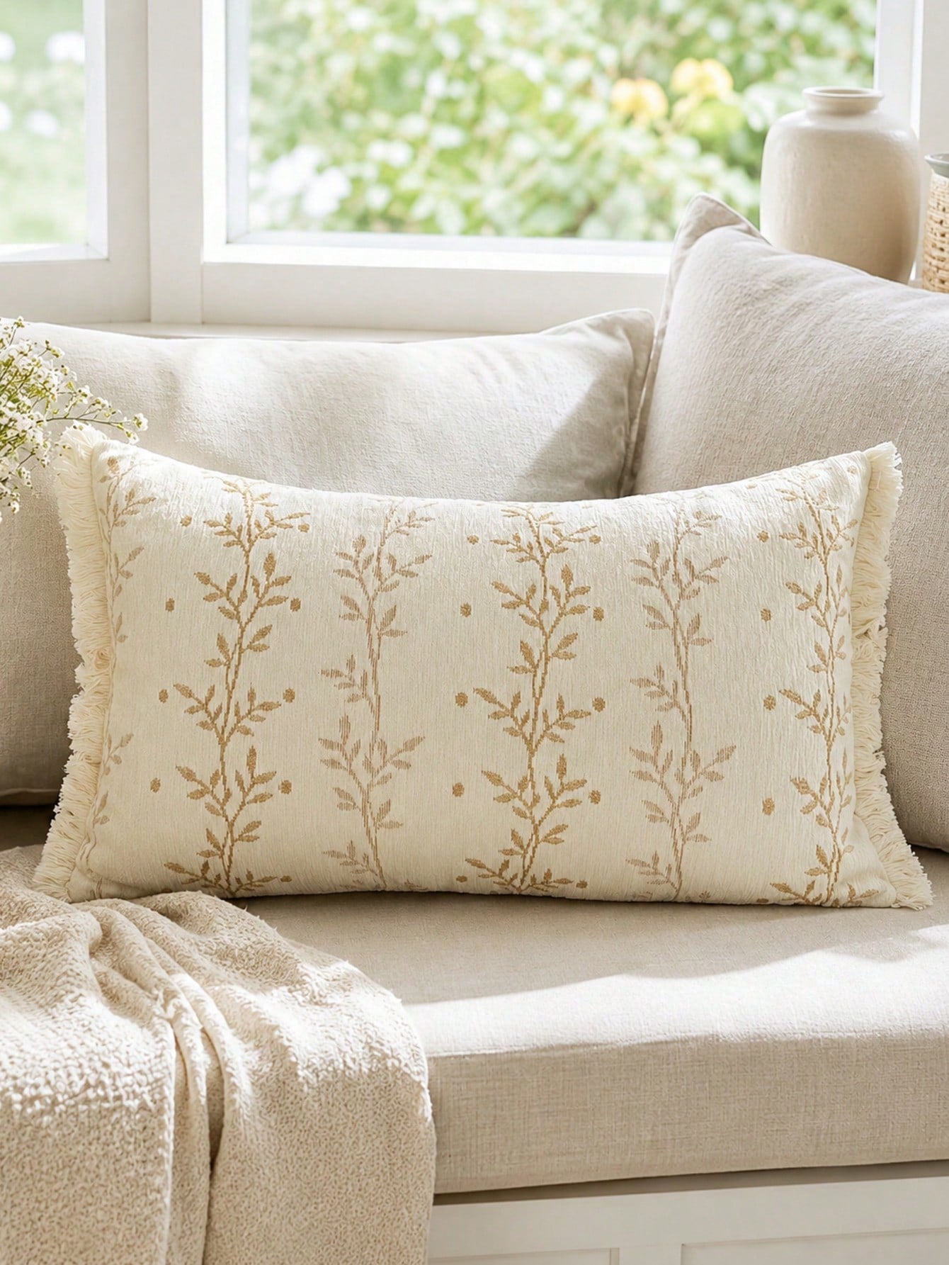 1pc Chenille Tassel Lumbar Pillow Cover, Soft Textured Rectangular Cushion Case 12x20 Inch, Bohemian Farmhouse Style Sofa Bedroom Living Room Decor, Pillow Insert Not Included