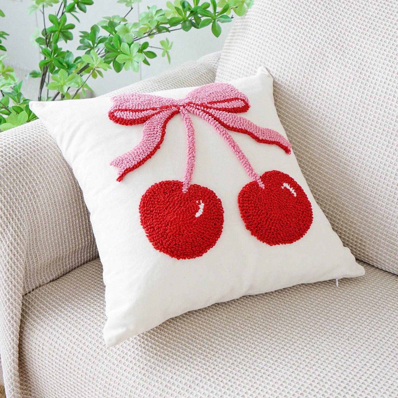 1pc Cherry Embroidery Velvet Decorative Pillow Cover, Ins Style Velvet Pillow Covers For Bedroom, Sofa, Office, Living Room, Window Seat Cushion