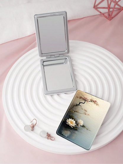 1PC Chinese Style Series Portable Vanity Mirror, Foldable Lightweight Ultra-Thin Convenient Hand Mirror, Durable PU Leather Suitable For Multiple Scenarios And All People, Foldable Rectangular Mirror