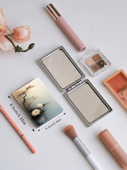 1PC Chinese Style Series Portable Vanity Mirror, Foldable Lightweight Ultra-Thin Convenient Hand Mirror, Durable PU Leather Suitable For Multiple Scenarios And All People, Foldable Rectangular Mirror