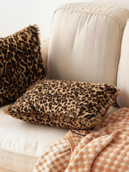 1pc Coffee Brown Leopard Pattern Fuzzy Plush Cushion Cover Without Filler, Modern Flannelette Decorative Throw Pillowcases Zipper Closure For Home, For Sofa, Living Room