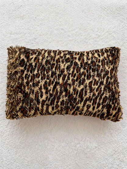 1pc Coffee Brown Leopard Pattern Fuzzy Plush Cushion Cover Without Filler, Modern Flannelette Decorative Throw Pillowcases Zipper Closure For Home, For Sofa, Living Room