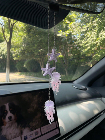 1pc Colorful Starfish Firefly Jellyfish Car Rearview Mirror Hanging Ornament, Sweet Glittery Jellyfish Pendant Car Charm, Personalized Elegant Minimalist Realistic Starfish Pendant Car Rearview Mirror