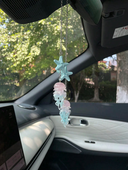 1pc Colorful Starfish Firefly Jellyfish Car Rearview Mirror Hanging Ornament, Sweet Glittery Jellyfish Pendant Car Charm, Personalized Elegant Minimalist Realistic Starfish Pendant Car Rearview Mirror