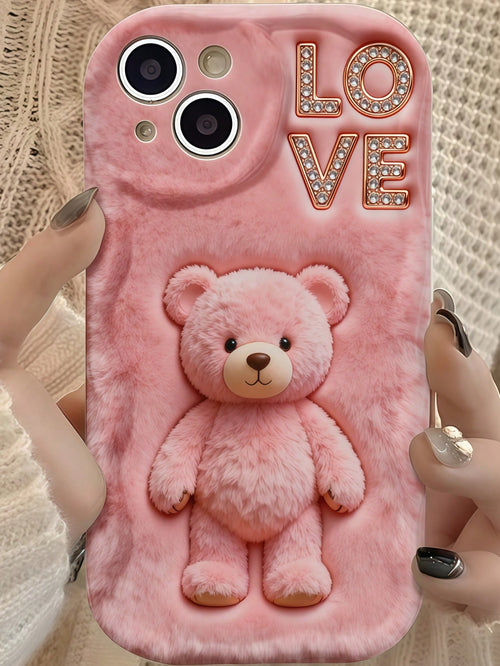 1pc Creative Pink Fluffy Love Cute Bear Wavy Shaped Screen Edge Protective Phone Case Compatible With Apple 7/8/X/XR/XSMAX/11/12/13/14/15/16/17 Pro Max, A14/A15/A16/A17/A04/A05/A06/A07/A54/A55/A56/A57