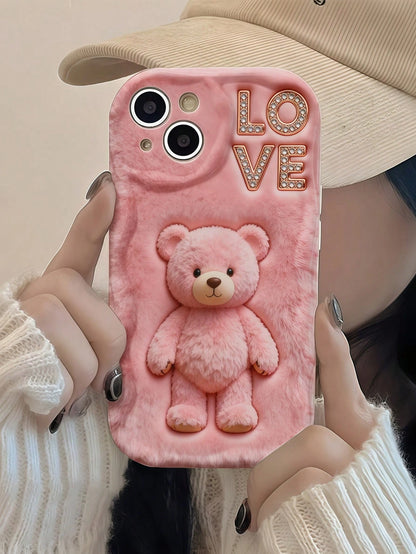 1pc Creative Pink Fluffy Love Cute Bear Wavy Shaped Screen Edge Protective Phone Case Compatible With Apple 7/8/X/XR/XSMAX/11/12/13/14/15/16/17 Pro Max, A14/A15/A16/A17/A04/A05/A06/A07/A54/A55/A56/A57