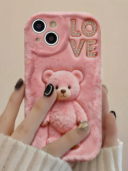 1pc Creative Pink Fluffy Love Cute Bear Wavy Shaped Screen Edge Protective Phone Case Compatible With Apple 7/8/X/XR/XSMAX/11/12/13/14/15/16/17 Pro Max, A14/A15/A16/A17/A04/A05/A06/A07/A54/A55/A56/A57