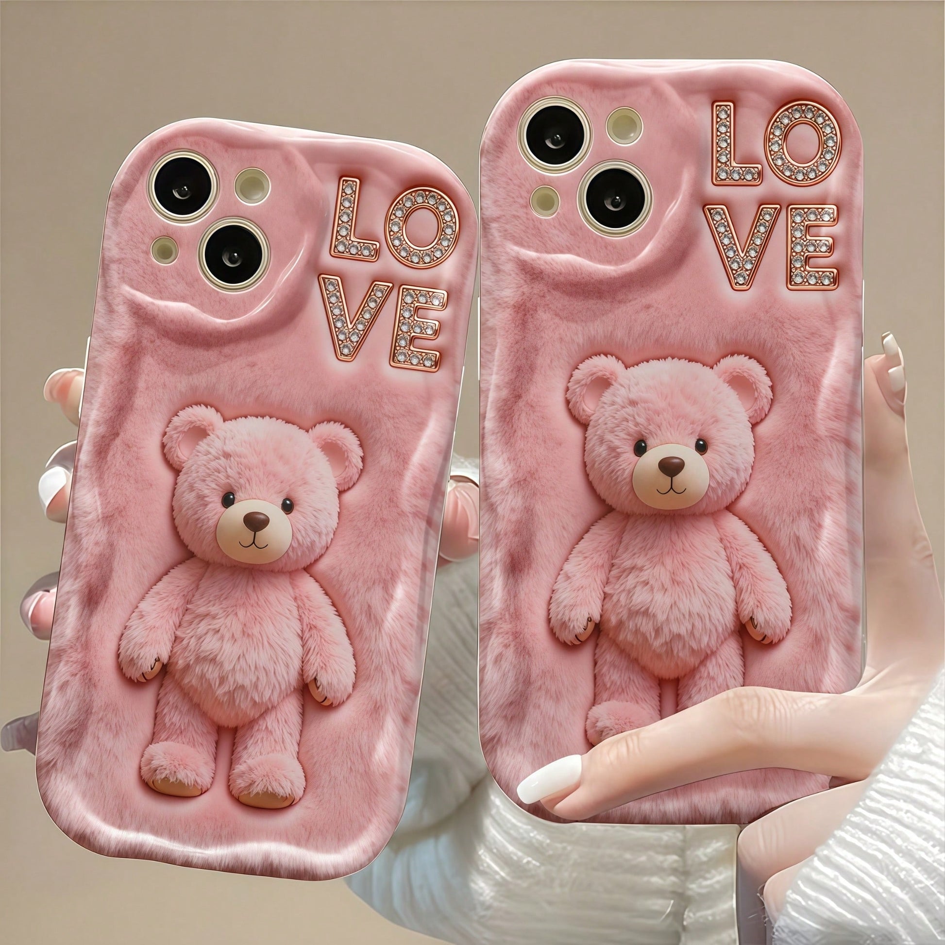 1pc Creative Pink Fluffy Love Cute Bear Wavy Shaped Screen Edge Protective Phone Case Compatible With Apple 7/8/X/XR/XSMAX/11/12/13/14/15/16/17 Pro Max, A14/A15/A16/A17/A04/A05/A06/A07/A54/A55/A56/A57