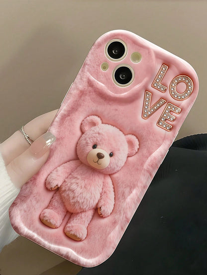 1pc Creative Pink Fluffy Love Cute Bear Wavy Shaped Screen Edge Protective Phone Case Compatible With Apple 7/8/X/XR/XSMAX/11/12/13/14/15/16/17 Pro Max, A14/A15/A16/A17/A04/A05/A06/A07/A54/A55/A56/A57