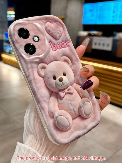 1pc Creative Pink Fluffy Love Cute Bear Wavy Shaped Screen Edge Protective Phone Case Compatible With Apple 7/8/X/XR/XSMAX/11/12/13/14/15/16/17 Pro Max, A14/A15/A16/A17/A04/A05/A06/A07/A54/A55/A56/A57