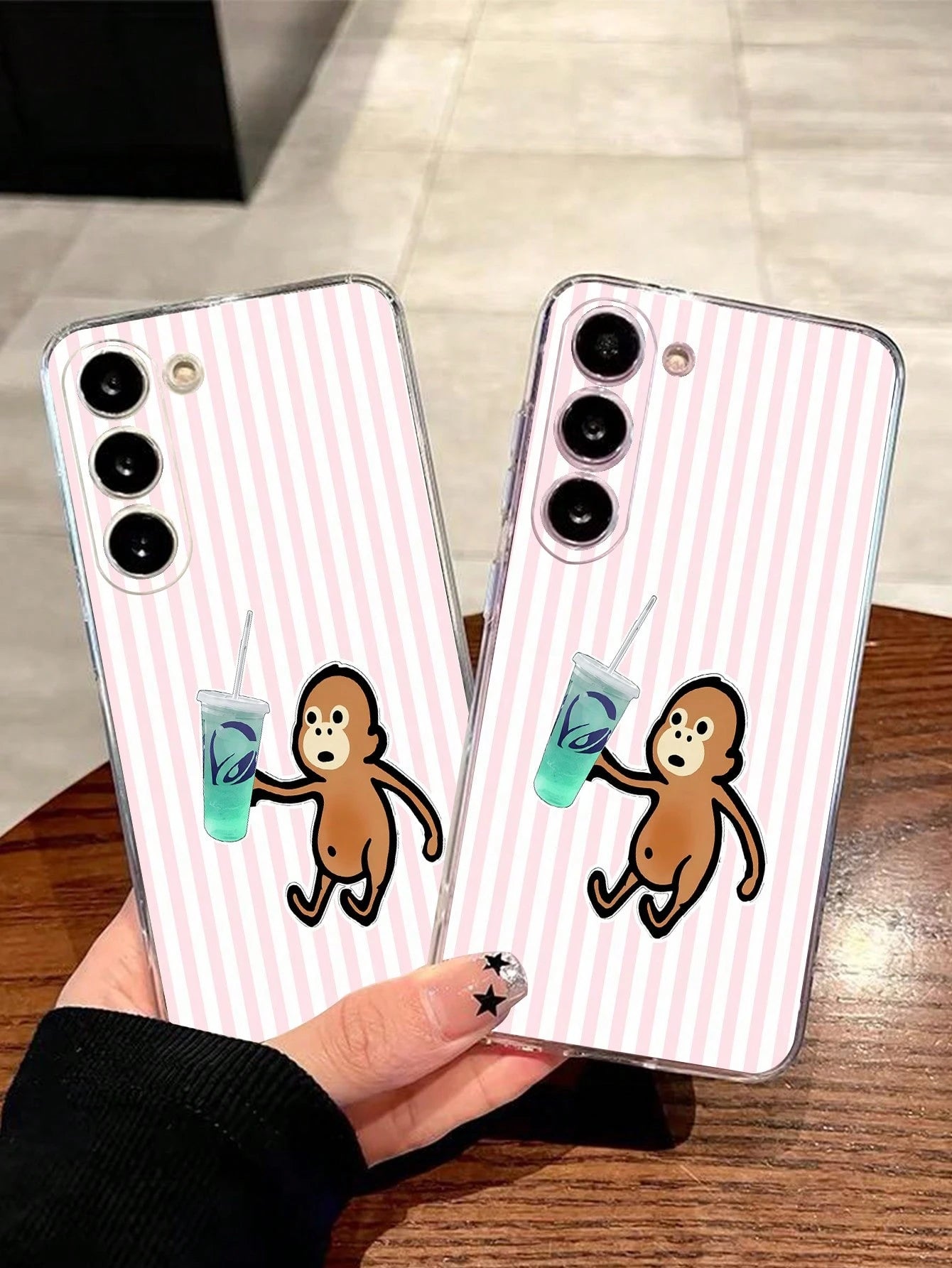 1pc Creative Striped Drinking Milk Tea Playful Monkey Transparent Soft Protective Case Compatible With Huawei Honor, Galaxy A04e/12/A13/A14/A34/A50/A52/A53/A54/S21/S22/S23/S24/S25/S25Ultra/S25FE/S26/S