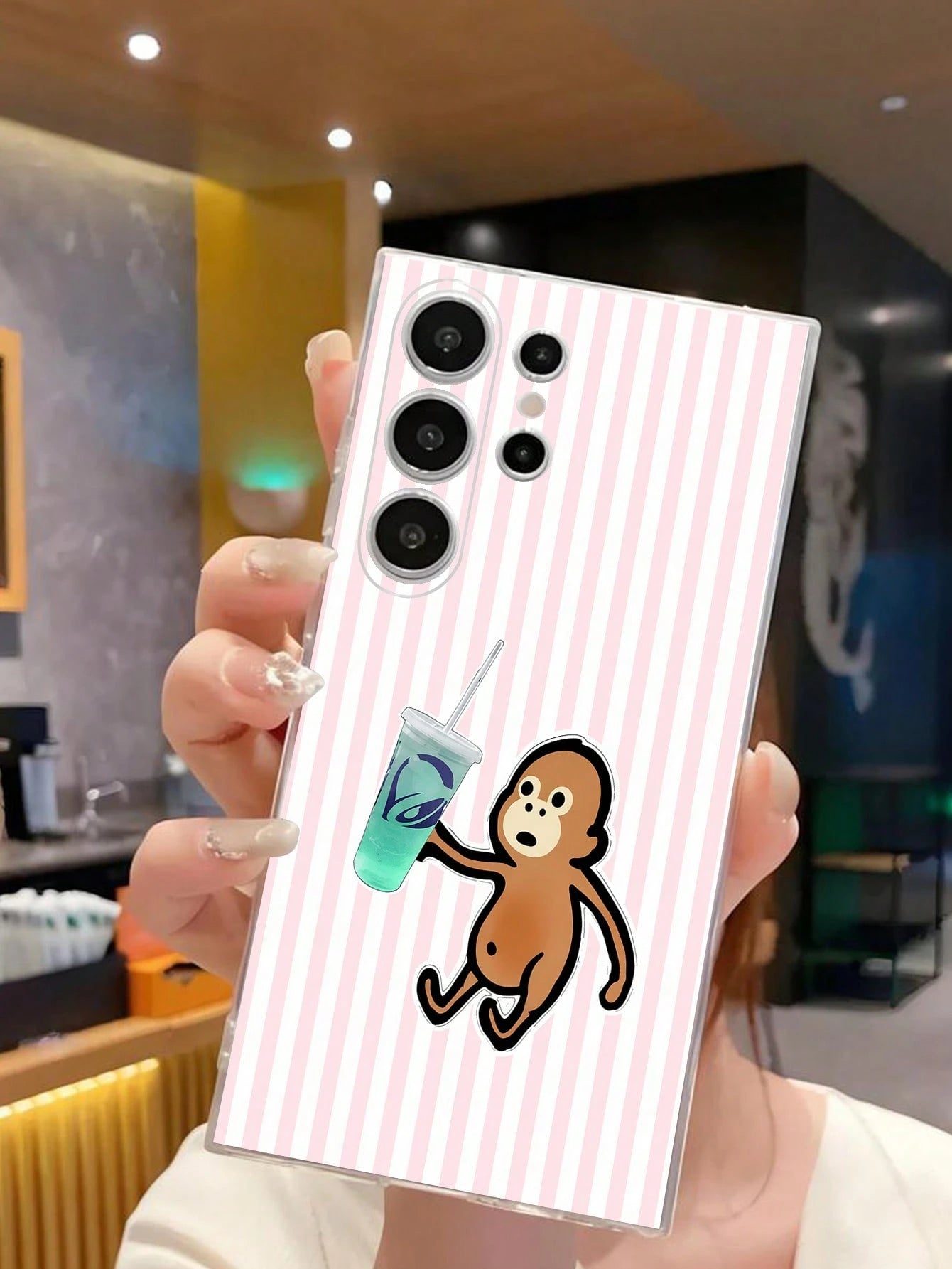 1pc Creative Striped Drinking Milk Tea Playful Monkey Transparent Soft Protective Case Compatible With Huawei Honor, Galaxy A04e/12/A13/A14/A34/A50/A52/A53/A54/S21/S22/S23/S24/S25/S25Ultra/S25FE/S26/S