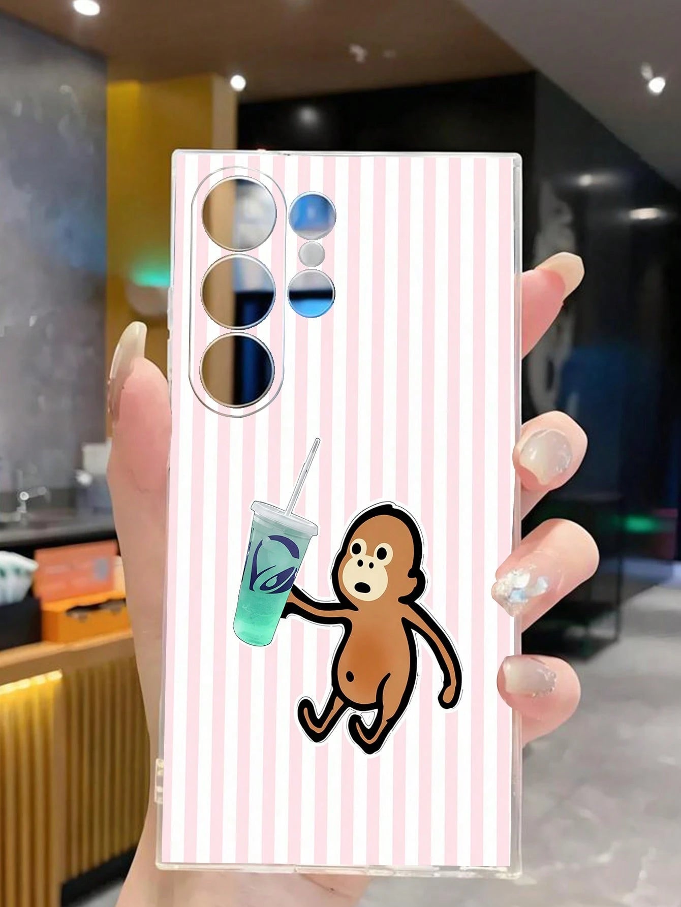 1pc Creative Striped Drinking Milk Tea Playful Monkey Transparent Soft Protective Case Compatible With Huawei Honor, Galaxy A04e/12/A13/A14/A34/A50/A52/A53/A54/S21/S22/S23/S24/S25/S25Ultra/S25FE/S26/S