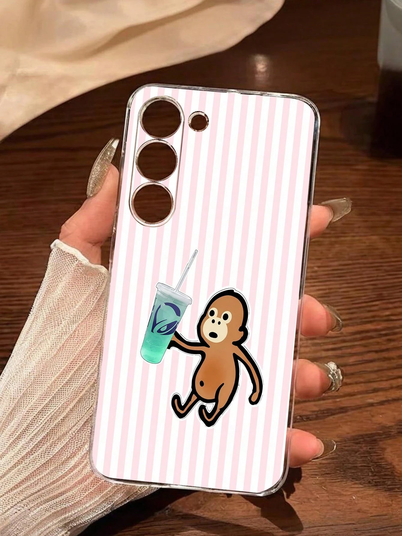 1pc Creative Striped Drinking Milk Tea Playful Monkey Transparent Soft Protective Case Compatible With Huawei Honor, Galaxy A04e/12/A13/A14/A34/A50/A52/A53/A54/S21/S22/S23/S24/S25/S25Ultra/S25FE/S26/S