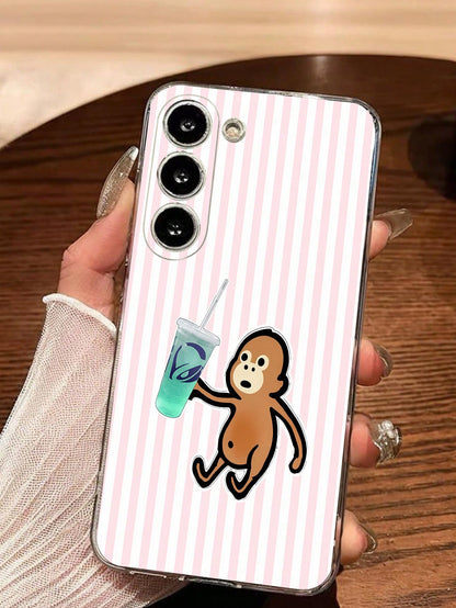 1pc Creative Striped Drinking Milk Tea Playful Monkey Transparent Soft Protective Case Compatible With Huawei Honor, Galaxy A04e/12/A13/A14/A34/A50/A52/A53/A54/S21/S22/S23/S24/S25/S25Ultra/S25FE/S26/S