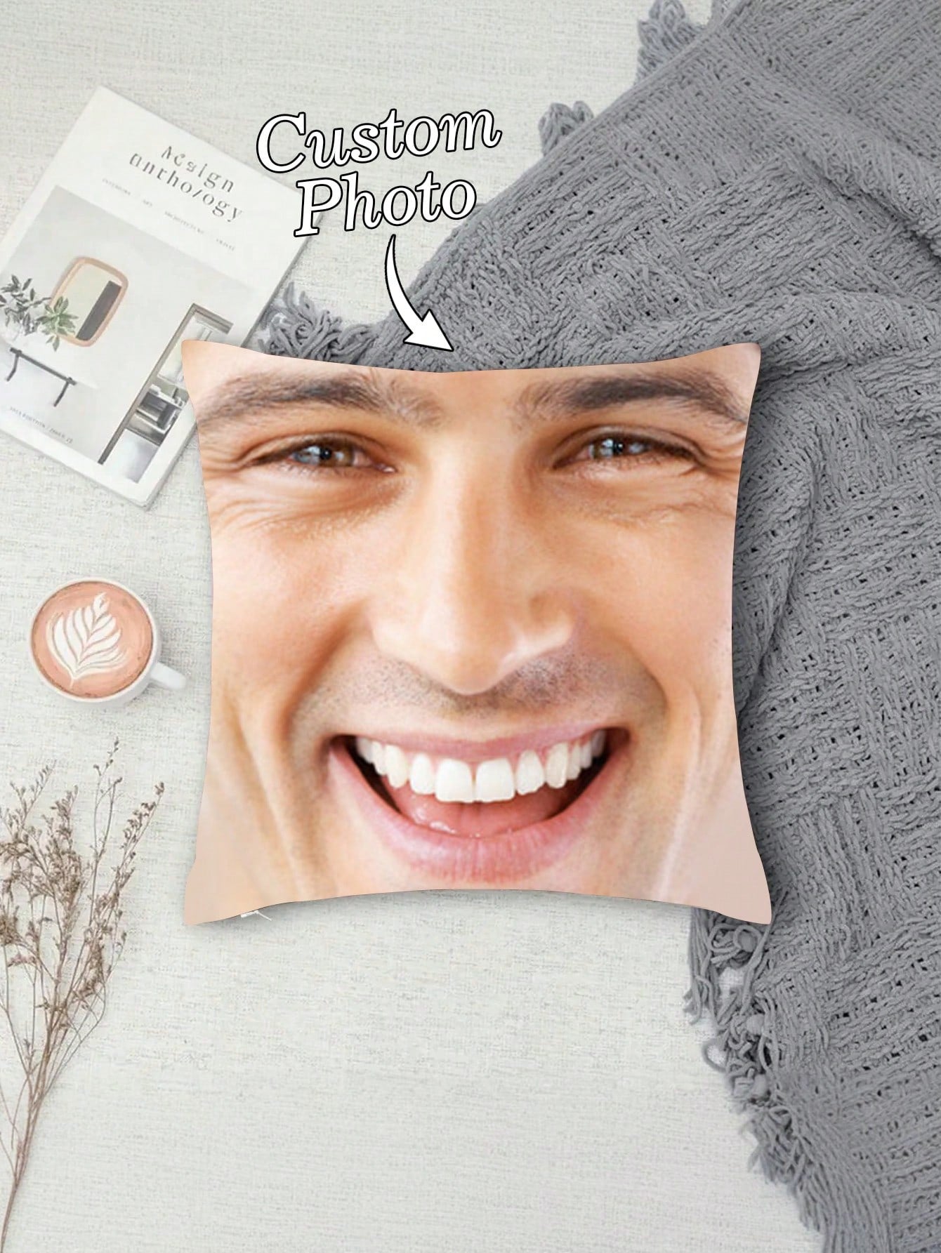 1pc Custom Funny Face Plush Photo Print Pillow Cover For Couple, Pet, Home Decor, All Seasons Washable, Birthday Gift