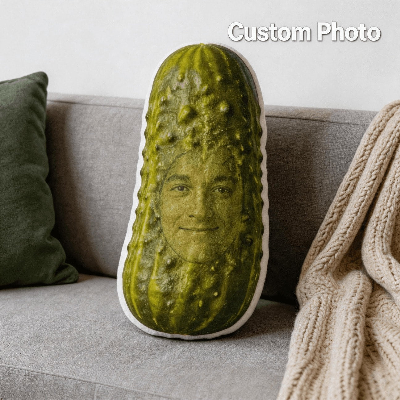 1pc Custom Personalized Photo Face Pillow, Pickle Shaped Decorative Cushion With Double-Sided Printing, Accent Pillow For Sofa & Bedroom, Unique Gift For Adults & Friends, Perfect For Birthday Gift