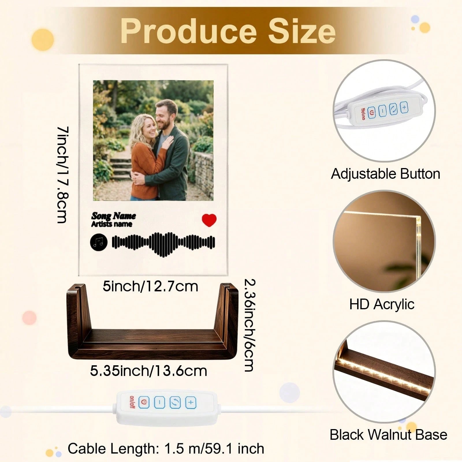 1pc Custom Photo & Song LED Music Night Light With Wooden Base,Personalized Acrylic Plaque Gift For Decor Couples,Valentines,Anniversary, Christmas,Housewarming,Birthdays,Weddings,Mother's Day,Father'