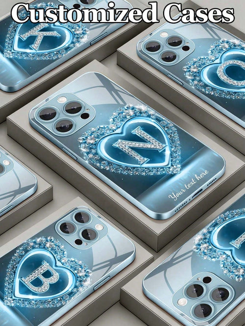 1pc Customizable 26 Letters & Name Design With Blue Rhinestone Heart Pattern Tempered Glass Phone Case, Compatible With Iphone 17 Air/16 ProMax/15 Pro/14 Plus/13 Pro/12 Pro Max/11/Xs Max/8/7/6 Plus, S