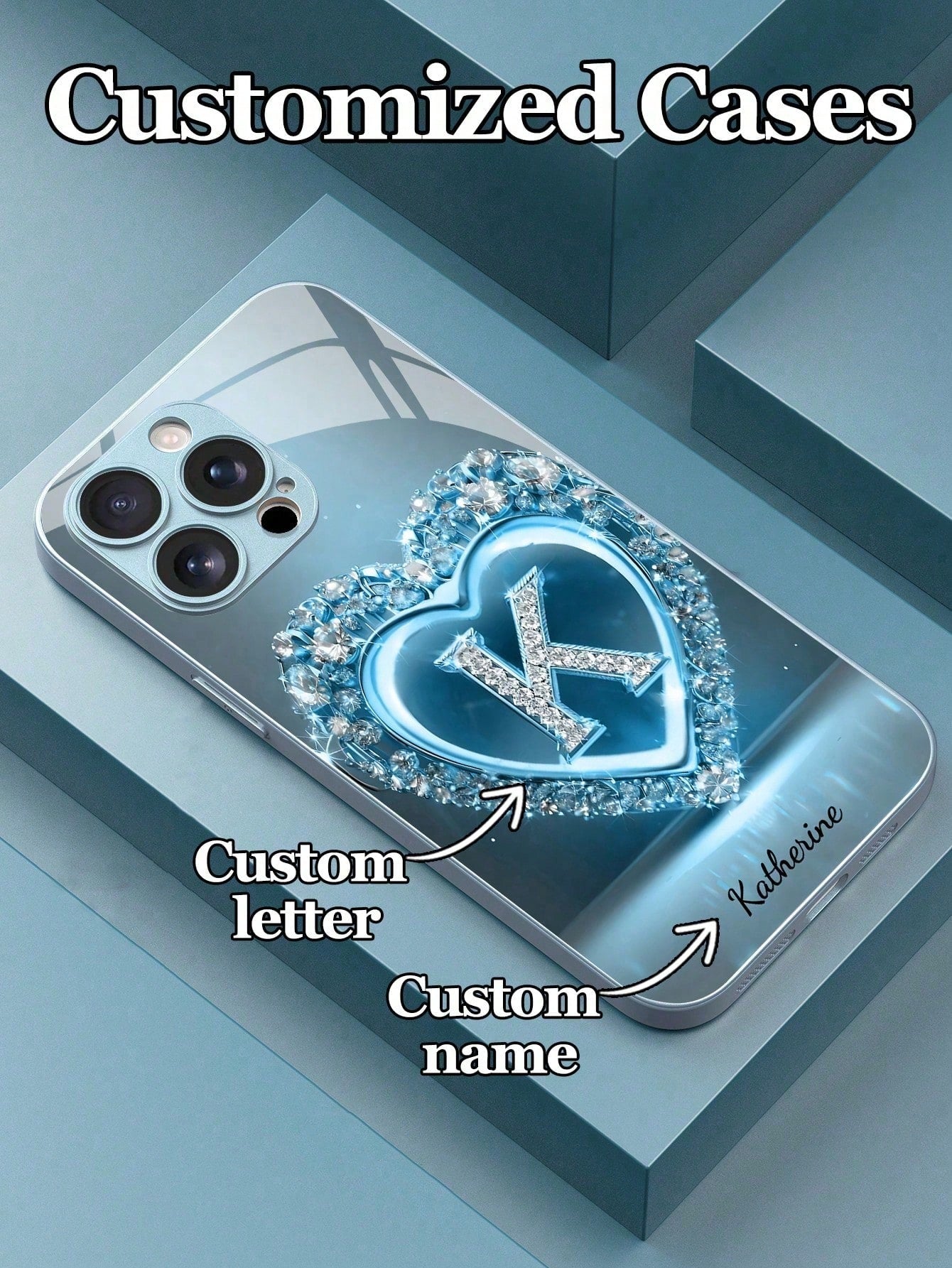 1pc Customizable 26 Letters & Name Design With Blue Rhinestone Heart Pattern Tempered Glass Phone Case, Compatible With Iphone 17 Air/16 ProMax/15 Pro/14 Plus/13 Pro/12 Pro Max/11/Xs Max/8/7/6 Plus, S